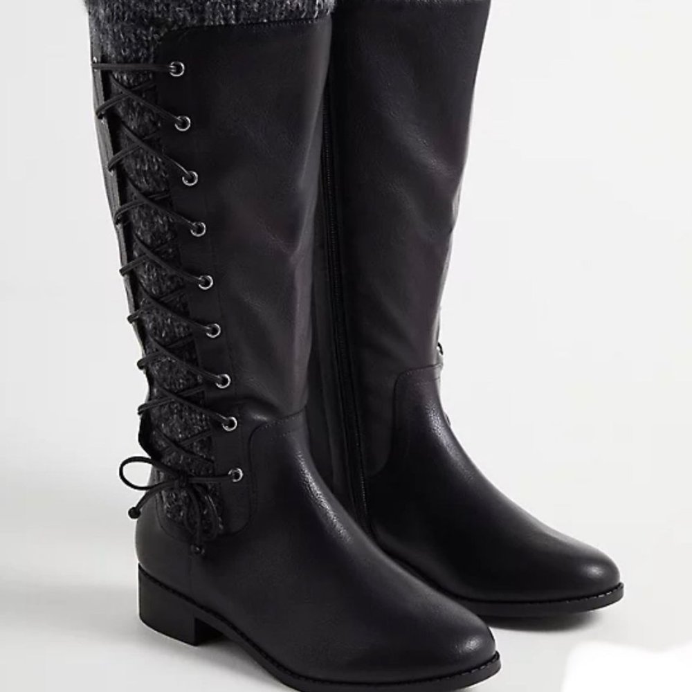 Torrid Sweater Criss-Cross Knee Boot - Black Faux Leather (WW)